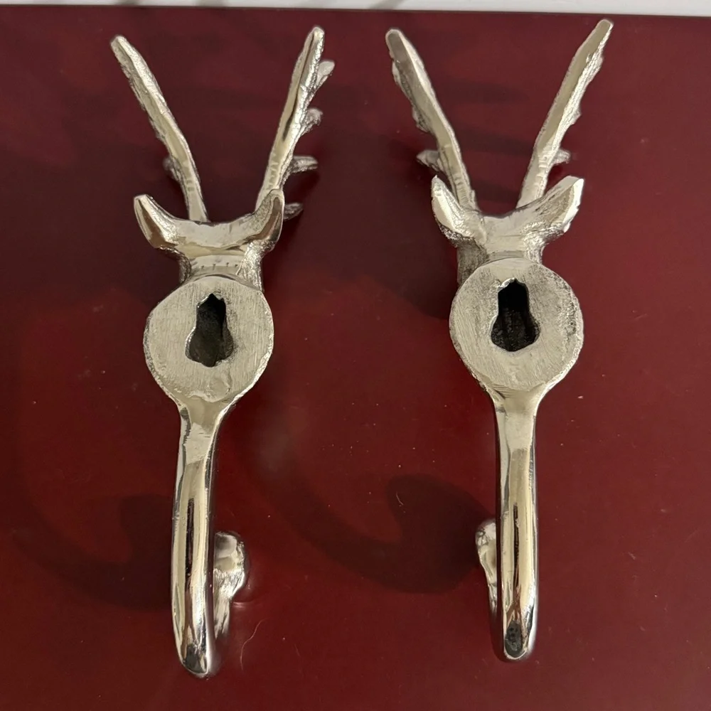 Metal Wall Mounted Deer Head Coat Hooks Lot Set of 2 Pieces Stag Hook